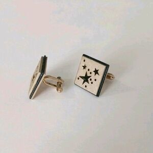 VTG Swank MCM Black Enamel Star Cufflinks Gold Tone Square Celestial Space Age